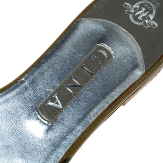 Gina Beige Patent Leather Crystal Embellished Slip On Flat Slides Size 41