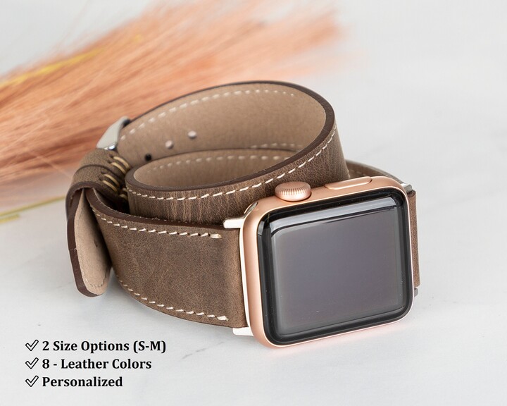 Engraved Dual Leather Apple Watch Band, Bracelet-Iwatch Strap 38mm 40mm 41mm 42mm 44mm 45mm 46mm 49mm, Galaxy, Fitbit, Fossil Smartwatches