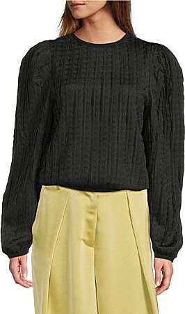 MelloDay Textured Knit Crew Neck Long Puff Sleeve Bubble Top