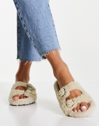 Topshop sherpa buckle slider slippers in neutral - ShopStyle