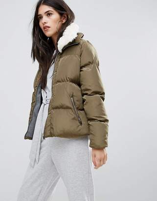 Missguided Khaki Padded Faux Shearling Collar Bomber Jacket