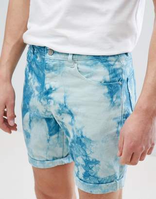 ASOS Design Denim Shorts In Slim Teal Tie-Dye