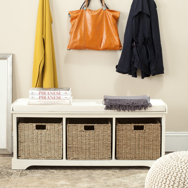 SAFAVIEH Lonan 3 Wicker Basket Storage Bench with Cushion Top, White