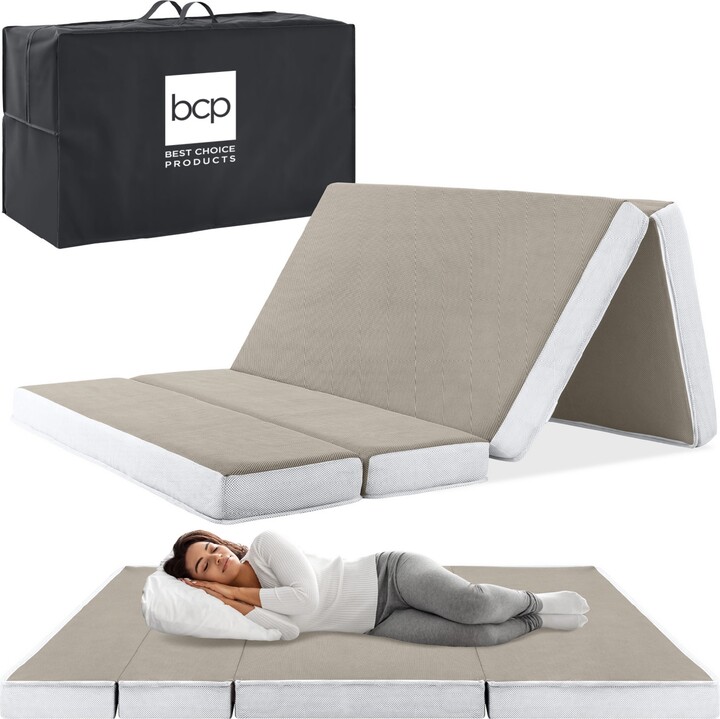 Best Choice Products 4in Thick Folding Portable Taupe Mattress Topper w/ Carry Case Washable Cover