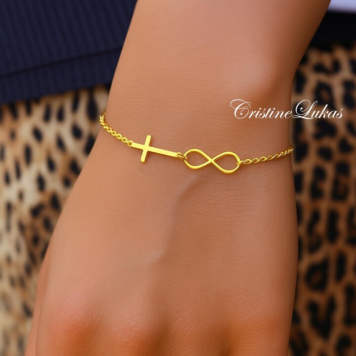 Etsy Designer Bracelet With Infinity Symbol & Sideways Cross in Sterling Silver Yellow Or Rose Gold Faith Inspirational Gift For Woman Girl