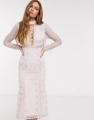 ASOS DESIGN DESIGN long sleeve lace peplum midi dress with lace up detail in light pink