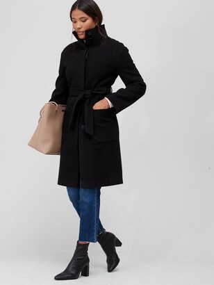 Very Relaxed Funnel Neck Wrap Coat - Black