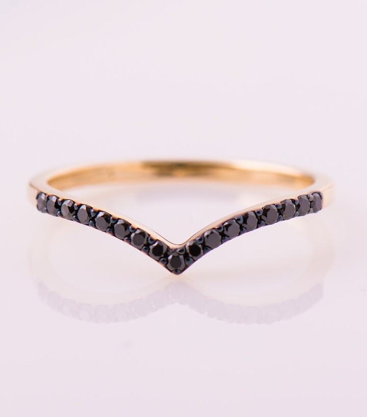 Etsy V Black Diamond Band 14K/18K Yellow Gold Pave Ring Delicate Chevron Half Eternity Ring