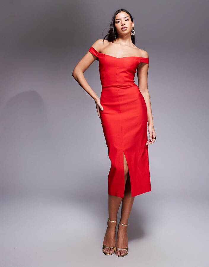 Vesper bengaline bardot sweetheart neckline split front midi dress in red