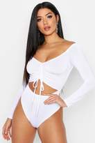 Thumbnail for your product : boohoo Slinky Rouched Front Off Shoulder Bodysuit
