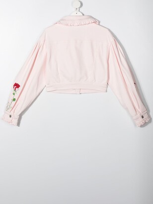 MonnaLisa TEEN floral-embroidered ruffle-trim jacket