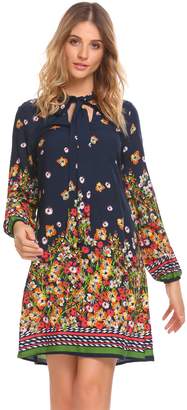 Meaneor Women's Casual Floral Print Tie Neck Fluted Long Sleeve Dress