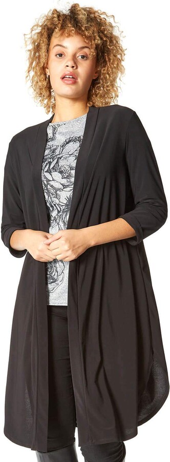 Roman Originals Women Longline Jersey Kimono Jacket - Ladies Smart Casual  Evening Special Occasion Short Sleeve Open Front Stretchy Cover Up Jackets  - Black - Size 18 - ShopStyle