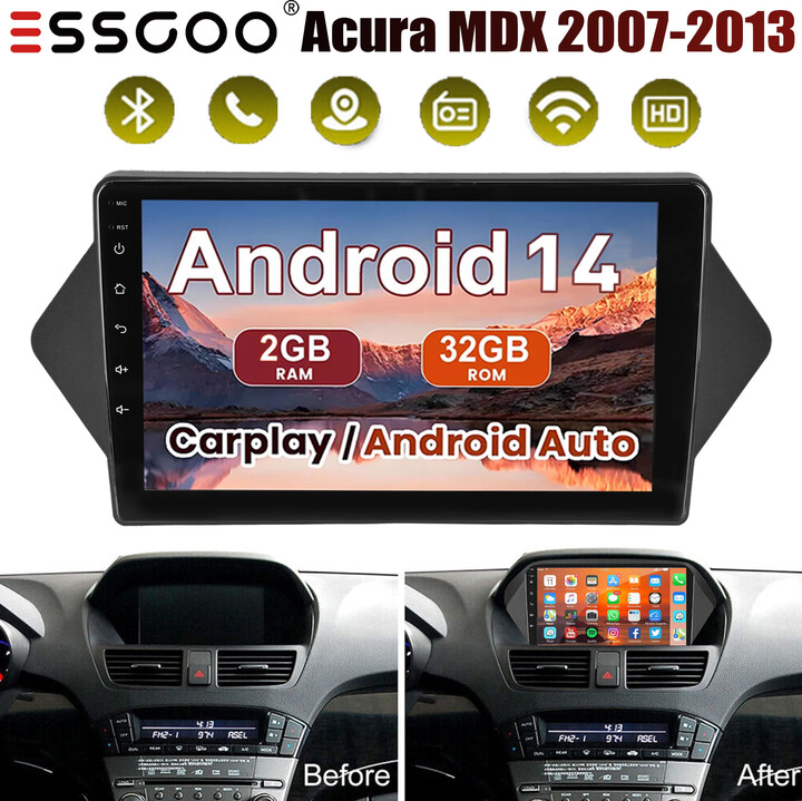 ESSGOO 9" Android 14 For Honda Acura MDX 2007-2013 Apple Carplay Car Stereo GPS Navigation WiFi Bluetooth 2+32G FM/RDS Radio Head Unit