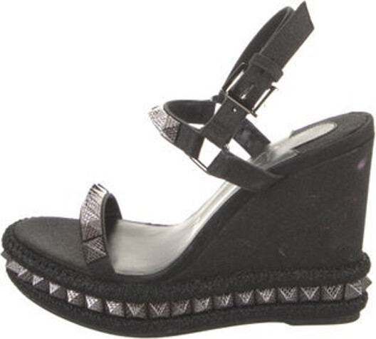 Christian Louboutin Slingback Sandals Black & Metallic Studded Accents Platform Straps & Buckle Closure at Ankles Designer
