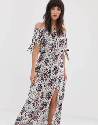 Band of Gypsies off shoulder maxi dress with tie sleeves in white floral print