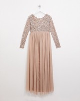 Thumbnail for your product : Maya Maternity Bridesmaid long sleeve maxi tulle dress with tonal delicate sequin overlay in taupe blush