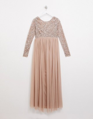 Maya Maternity Bridesmaid long sleeve maxi tulle dress with tonal delicate sequin overlay in taupe blush