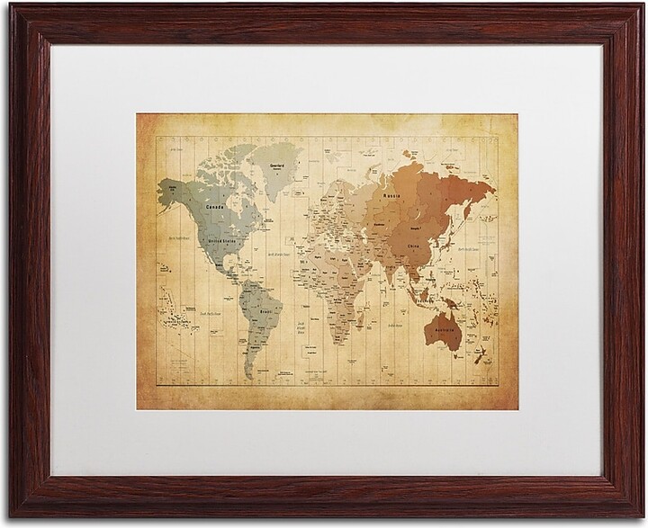 Trademark Global Trademark Michael Tompsett "Time Zones Map of the World" Art, White Matte W/Wood Frame, 16" x 20"