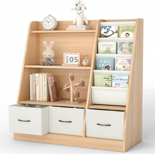 SUGIFT 4-TierKidsWoodenBookshelfwithSlingPocketsandDrawersToyStorageOrganizerforNurseryPlayroomBedroomBookDisplayShelf