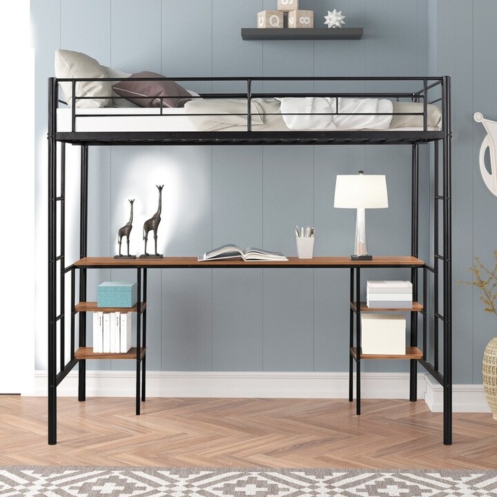NOVABASA Heavy Duty Metal Twin Loft Bed with Desk and Storage Shelves