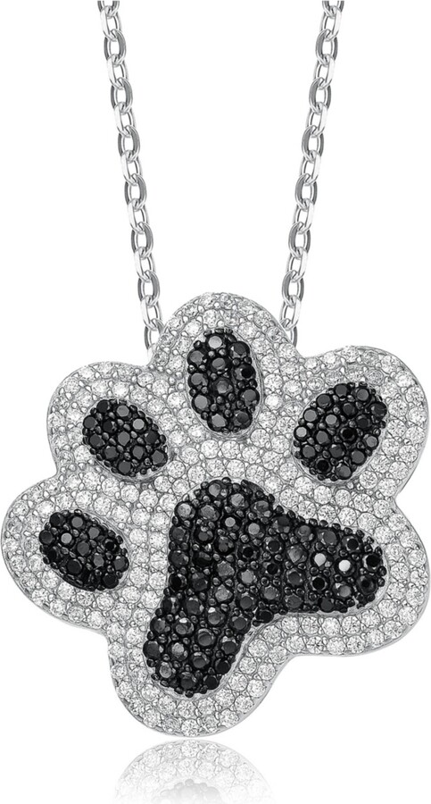 Genevive White Gold Plating with Black & White Cubic Zirconia Cat Dog Pet Paw Pendant Necklace in Sterling Silver