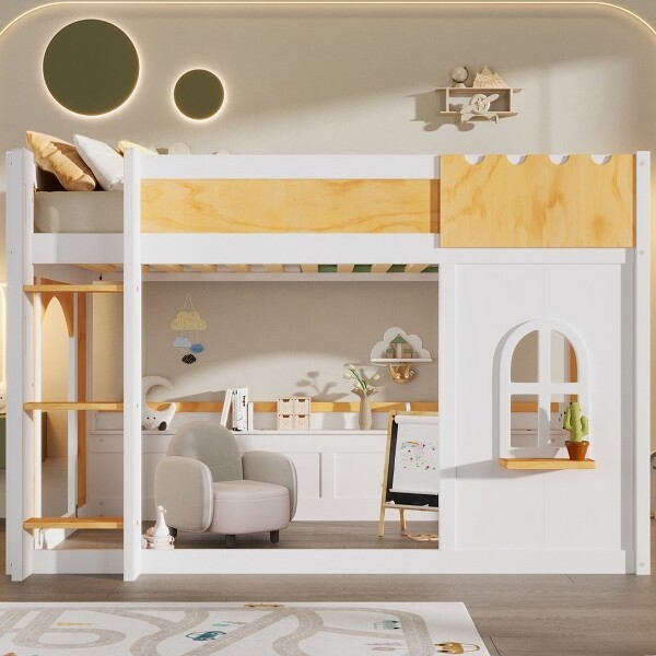 GDFStudioRexSpace-SavingBunkBedwithStorageShelvesandPlayfulWindowTwinoverTwinSizeWhite