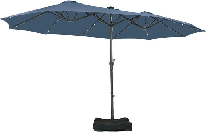 Ainfox 15 ft. Steel Market Solar Patio Umbrella Double-Side with LED Light in Navy Blue with Base