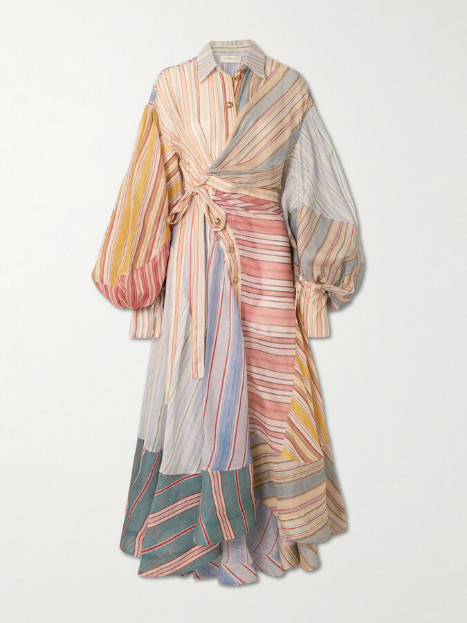 Zimmermann Rebellion Patchwork Striped Linen And Silk-blend Voile Midi Wrap Dress - Multi
