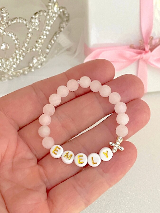 Etsy 18K Gold Cross Zirconia Rhinestone Girls Bracelet, Pink Rose Quartz Baby Personalized, Baptism Gift, Christening, Shower