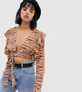Thumbnail for your product : Glamorous Petite plunge front top with flutter sleeve in subtle zebra
