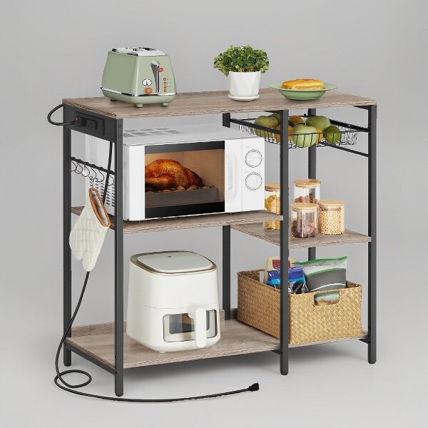 SONGMICS HOME BakersRackCoffeeBarStandwithChargingStationStorageShelvesPull-OutWireBasketTableforMicrowaveKitchenGreige