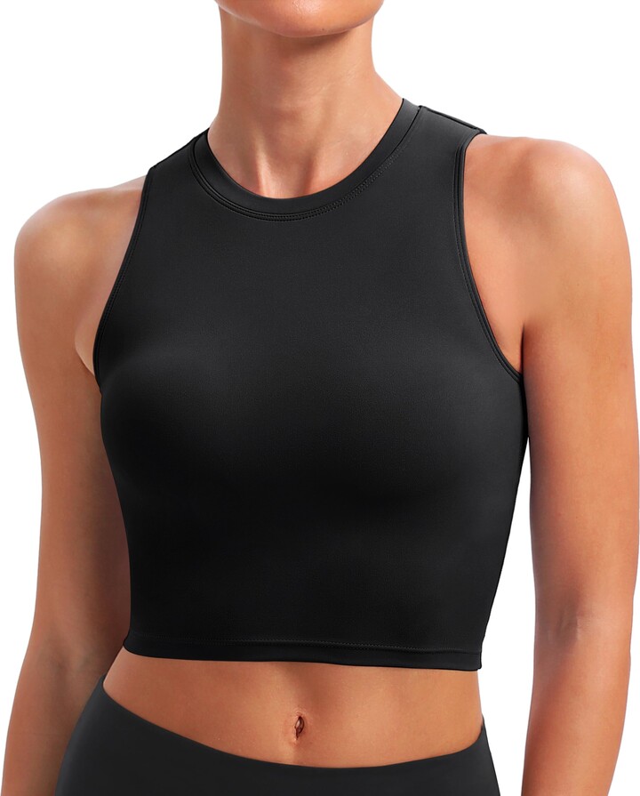 BAYDI Sports Bra Removable Padded Crop Tops High Neck Tank Tops with Built  in Bra Longline Yoga Workout Top Black - ShopStyle