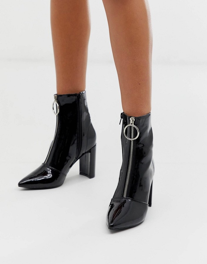 black ring pull zip front patent ankle boot