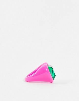ASOS DESIGN ring in heart shape with emerald green jewel in hot pink plastic