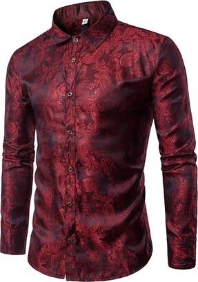 Meijunter Mens Dress Shirts Long Sleeve Funky Printed Pattern Shirt Casual Shirt Embroidery Floral Tops (Wine Red