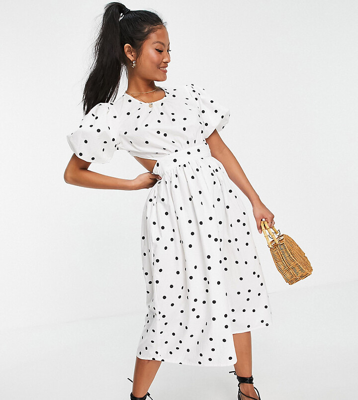Influence Petite puff sleeve cotton poplin midi dress in polka dot -  ShopStyle