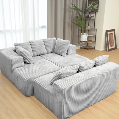 Latitude Run 130 - Inch 4 Seater Modular U Shaped Couch In Striped Corduroy, Reversible Design, Ideal For Primary Living Space, Pillow Back, Medium Duty, No Assemb