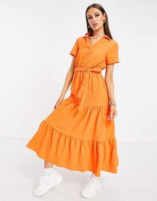UNIQUE21 tiered woven shirt midi dress in tangerine