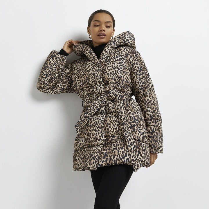 River Island Womens Petite Brown animal print belted puffer coat - ShopStyle