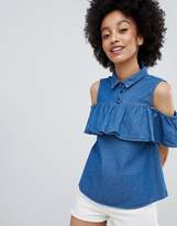Thumbnail for your product : Monki Ruffle Bardot Denim Shirt