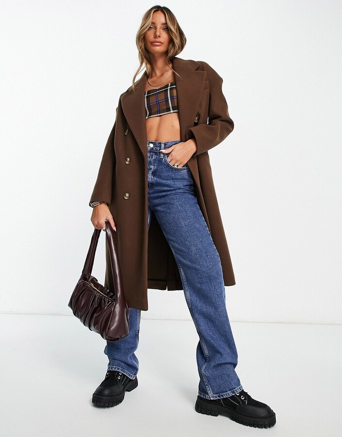 Topshop double breasted long coat in chocolate - ShopStyle