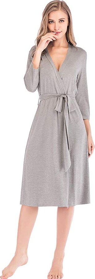 Jamron Women's Thin Cotton Dressing Gown Kimono Robes V-Neck 3/4 Sleeve  Long Night Cardigan Grey SN07421 XL - ShopStyle