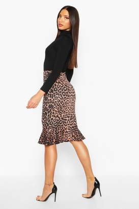 boohoo Leopard Drop Hem Midi Skirt