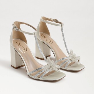 Glundy White Satin Ankle Strap Pointed-Toe Pumps