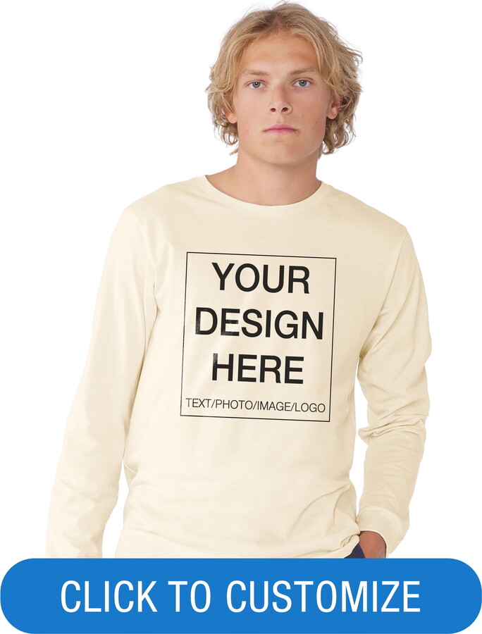 BELLA+CANVAS Adult Crew Neck Personalized Long Sleeve T-Shirt, Create your own Designs, Natural, Extra Large, Unisex