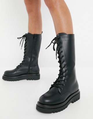 HUGO BOSS lace up knee high chunky boots in black