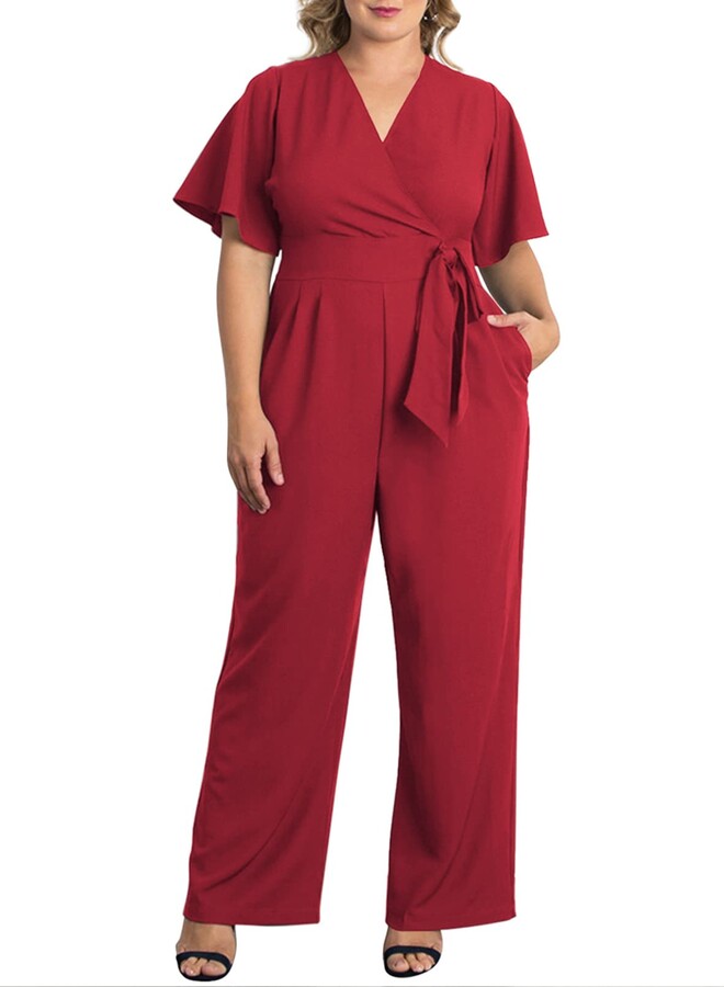 Comxiao Womens Plus Size Jumpsuits Casual Short Sleeve V Neck Rompers Long  Pants Belted Wide Legs Overall - ShopStyle