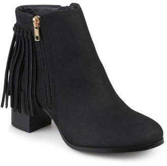 Brinley Co. Women's Faux Leather Stacked Heel Fringe Ankle Boots