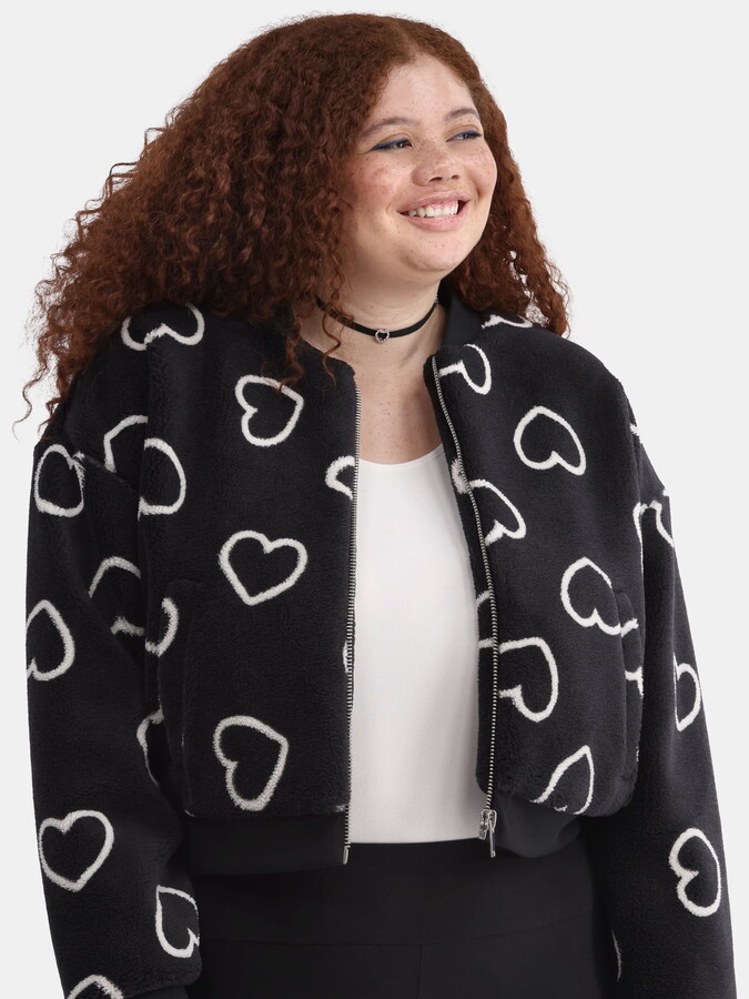 No Boundaries Himalayan Heart Print Plush Bomber Jacket, Heavyweight, Women’s Plus